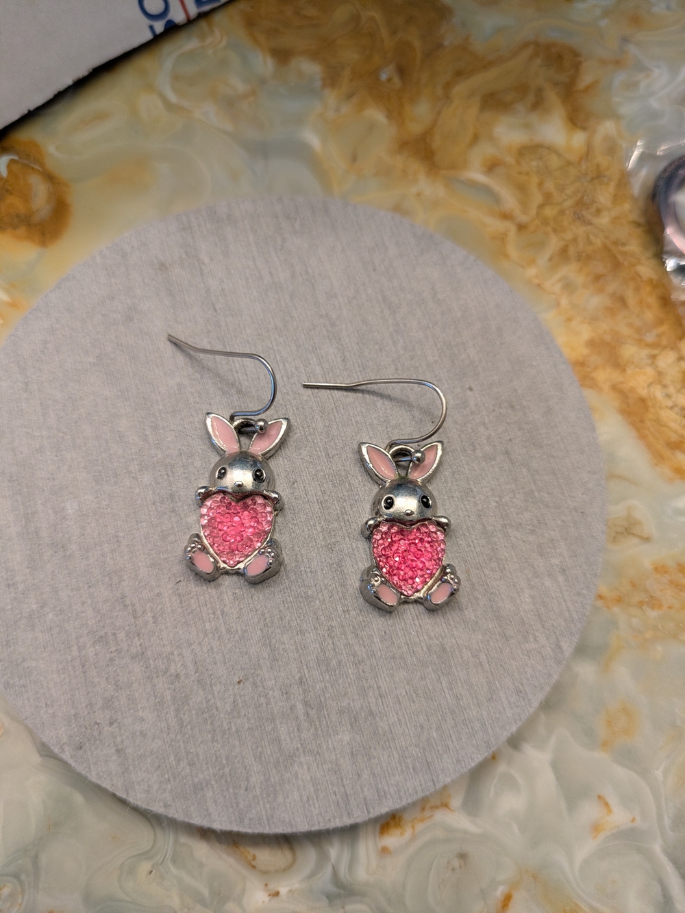 Silver Bunny Heart Pink Drop Earrings Easter